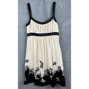 BCBG Maxazria Silk Dress Womens 10 Cream/Black Embroidered Floral Babydoll